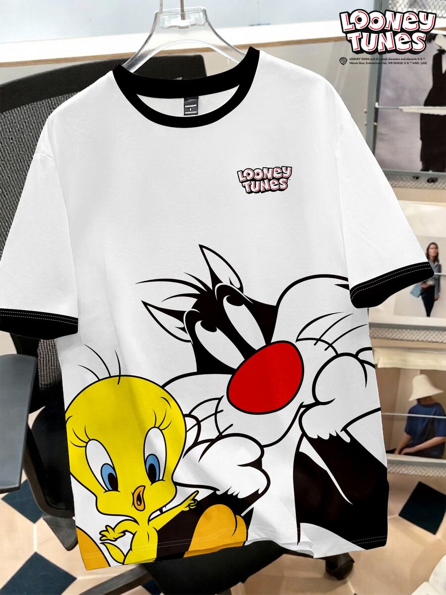 Manfinity LOONEY TUNES X SHEIN 男士字母卡通印花圓領休閒短袖T恤,適合日常休閒穿著 - 白色 - 查看 1