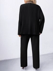 SHEIN LUNE CURVE 大尺碼純色正式西裝外套與長褲套裝 - 黑色 - 查看 2