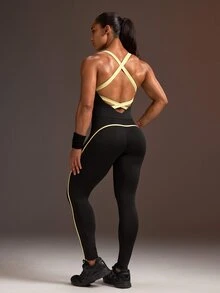 Powerista Women's Black Wide Strap Backless 9/10 Length Sports Tight Jumpsuit - Black - View 5