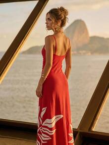CAJUNI Tropical Plants Print Cutout Ruched Bust Cami Dress - Red - View 2