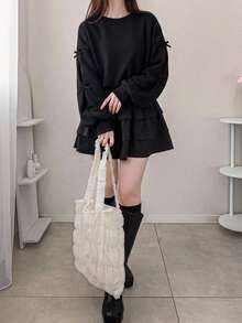 DAZY 對比色蝴蝶結裝飾圓領寬鬆女款運動衫 秋冬款 - 黑色 - 查看 6