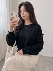 DAZY 對比色蝴蝶結裝飾圓領寬鬆女款運動衫 秋冬款 - 黑色 - 查看 4