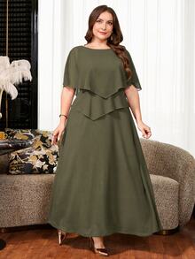 Reflora Plus Size Elegant Solid Color Party Dress - Army Green - View 4