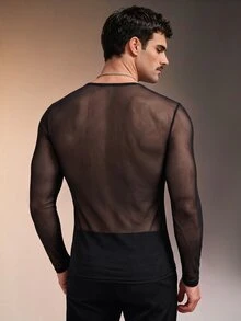 ZURIURI Men's Sexy See-Through Fishnet Mesh Dark Fashion Long Sleeve T-Shirt - Black - View 2