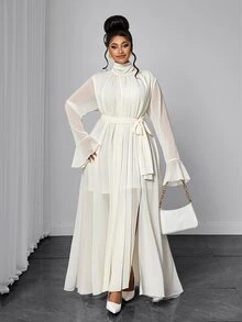 Maweii Plus Size Semi-High Neck Chiffon Long Dress, Ruched Draped Collar, Flared Long Sleeves, Tie Waist, Slit Hem, Draped Beige Dress - Beige - View 4