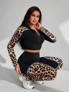 Slayform Slayform Women's 2 Pieces Sports Set: Cropped Stand Collar Full Zip Jacket + Leopard Print Patchwork Flared Pants, Leopard Print, Contrast White Trim, Cropped Top, Athletic Casual Two Pieces Set, New Autumn/Winter Style, Suitable For Running, Fitness, Commuting And More - Multicolor - View 2