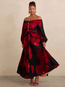 Travachic CURVE+ Red And Black Tie Dye One-Shoulder Long SleeveMaxi Dress, Pleated Ruched Body, Rhinestone Detail, Elegant Party Vacation Dress,Christmas Dress - Black - View 4