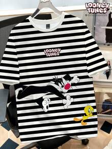 LOONEY TUNES X SHEIN Daypath Men's Letter Striped Short Sleeve T-Shirt, Suitable For Casual Daily Wear - Black and White - View 1