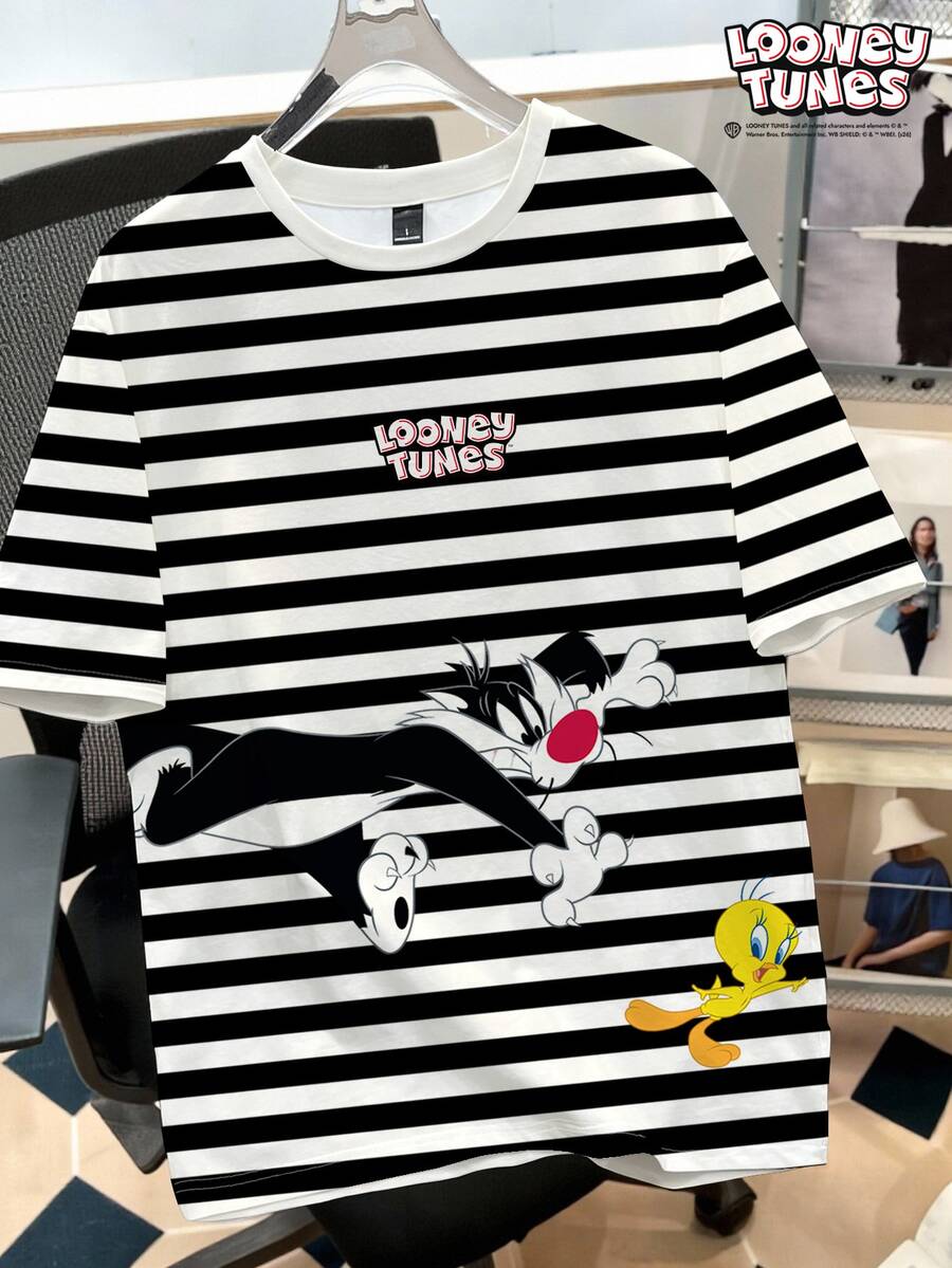 LOONEY TUNES X SHEIN Daypath Men's Letter Striped Short Sleeve T-Shirt, Suitable For Casual Daily Wear - Black and White - View 1