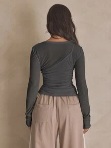MUSERA Aysmemetric 修身分層長袖上衣 夏季運動休閒日常街頭風 春季 - 灰色 - 查看 5