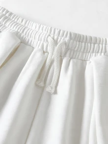 SHEIN 青少年女孩純色抽繩腰休閒百搭日常穿著長褲 - 白色 - 查看 4