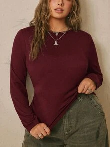 Freevana Plus Size Women's Black Long Sleeve Round Neck Thermal Base Layer Top, Ruched Waist T-Shirt Autumn Business Casual Winter - Burgundy - View 8