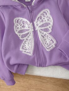 SHEIN 女童灰色與白色花卉蝴蝶結裝飾連帽衛衣外套，適合秋冬外出穿著 - 紫色 - 查看 5