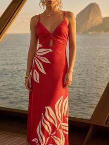 CAJUNI Tropical Plants Print Cutout Ruched Bust Cami Dress - Red - View 5