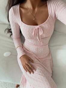 DAZY Floral Print Fitted Square Neck Long Sleeve Cinched Waist Long Dress Nightgown For Women - Pink - View 1