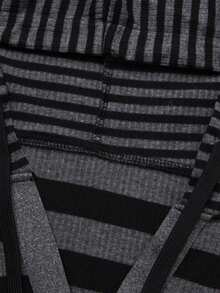 SHEIN CURVE+ Plus Size Women Black & Gray Striped Half-Button Hooded Top, Casual Drawstring Long Sleeve T-Shirt, Autumn/Winter Style - Grey - View 5