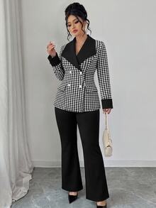 GlowEve CURVE Plus Size Women's Fashion Commuter Blazer With Large Lapel, Houndstooth Pattern Contrast Print, Decorative Button Design, Flared Long Pants Knit Suit 2 Pieces Set - Black and White - View 4
