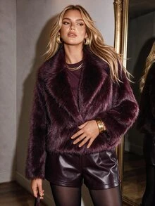 Auralis Burgundy Faux Fur/Plush Coat With Large Lapel – Perfect For Autumn/Winter Parties - Burgundy - View 3