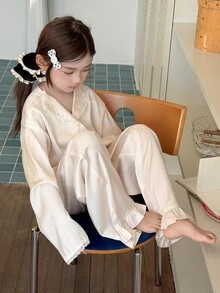 Dazy Kids Tween Girl Bow Decor Pocket Single-Breasted Long Sleeve Top And Shorts Pajama Set - Beige - View 1