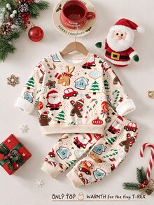 Infant Toddler Round Neck Casual Comfortable Set, Classic Christmas Element Pattern Print, Cute Christmas Reindeer Pattern Print, Classic Christmas Candy Pattern Print, Classic Christmas Gingerbread Man Pattern Print, Christmas Snowman Pattern Print, Classic Christmas Tree Pattern Print, Suitable For Autumn/Winter, Suitable For Christmas - Multicolor - View 3