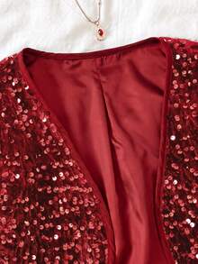 SHEIN Tween Girl Solid Color Long Sleeve Sequin Open Front Jacket, Autumn/Winter - Red - View 3