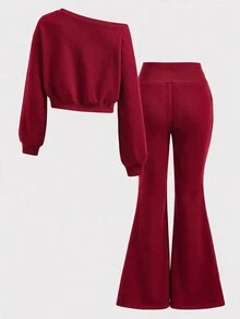 SHEIN 少女連帽衫與運動衫套裝 - 紅色 - 查看 2