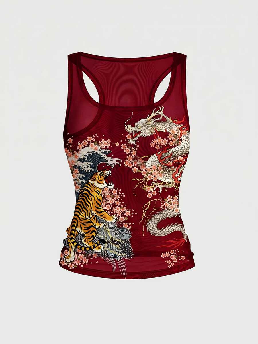 ROMWE Avant 女款龐克紅色虎龍櫻花暗黑性感透視網紗背心 - 紅色 - 查看 1