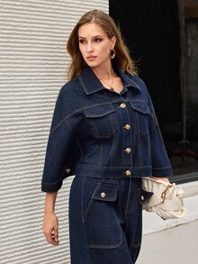 Selenza Jaket Denim Kasual Wanita Kancing Tunggal untuk Sehari-hari - Biru - View 6