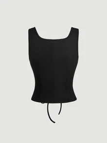 SHEIN MOD 刺繡花卉圖案前綁帶背心上衣 - 黑色 - 查看 2