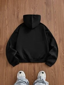 SWAVVY 男士針織時尚日常年輕休閒寬鬆版型英文刺繡長袖連帽衫 - 黑色 - 查看 5
