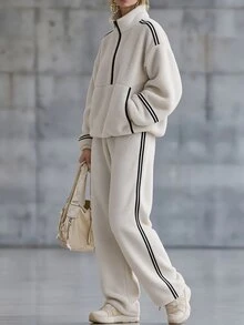 LUMIGAL Fall Winter Contrast Binding Drop Shoulder Teddy Sweatshirt & Pants Set - Beige - View 5