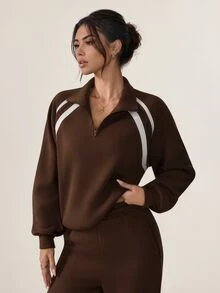 Sovereign Charm Sovereign Charm Sweatshirt Olahraga Lengan Panjang Wanita Bergaris dengan Resleting Setengah - Coklat - View 3