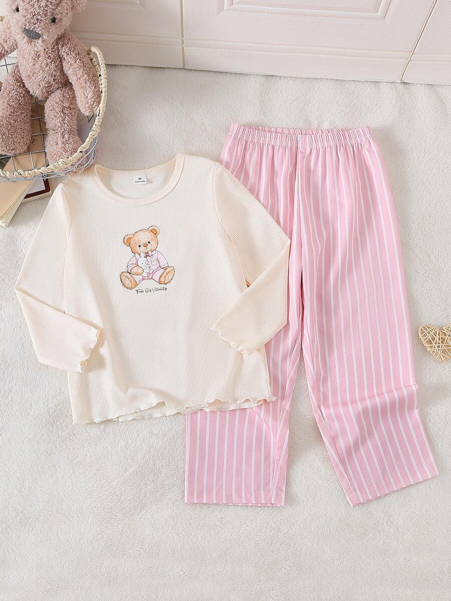 SHEIN Setelan Pakaian Santai Anak Perempuan: Atasan Lengan Panjang Motif Beruang Bergaris Warna Aprikot dan Celana Panjang Motif Bergaris Warna Pink & Putih, Musim Gugur/Dingin - MultiWarna - View 1