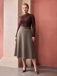 MOTF PREMIUM ROK WOL MOTIF HOUNDSTOOTH UKURAN BESAR UNTUK WANITA DENGAN SABUK - Coklat - View 1