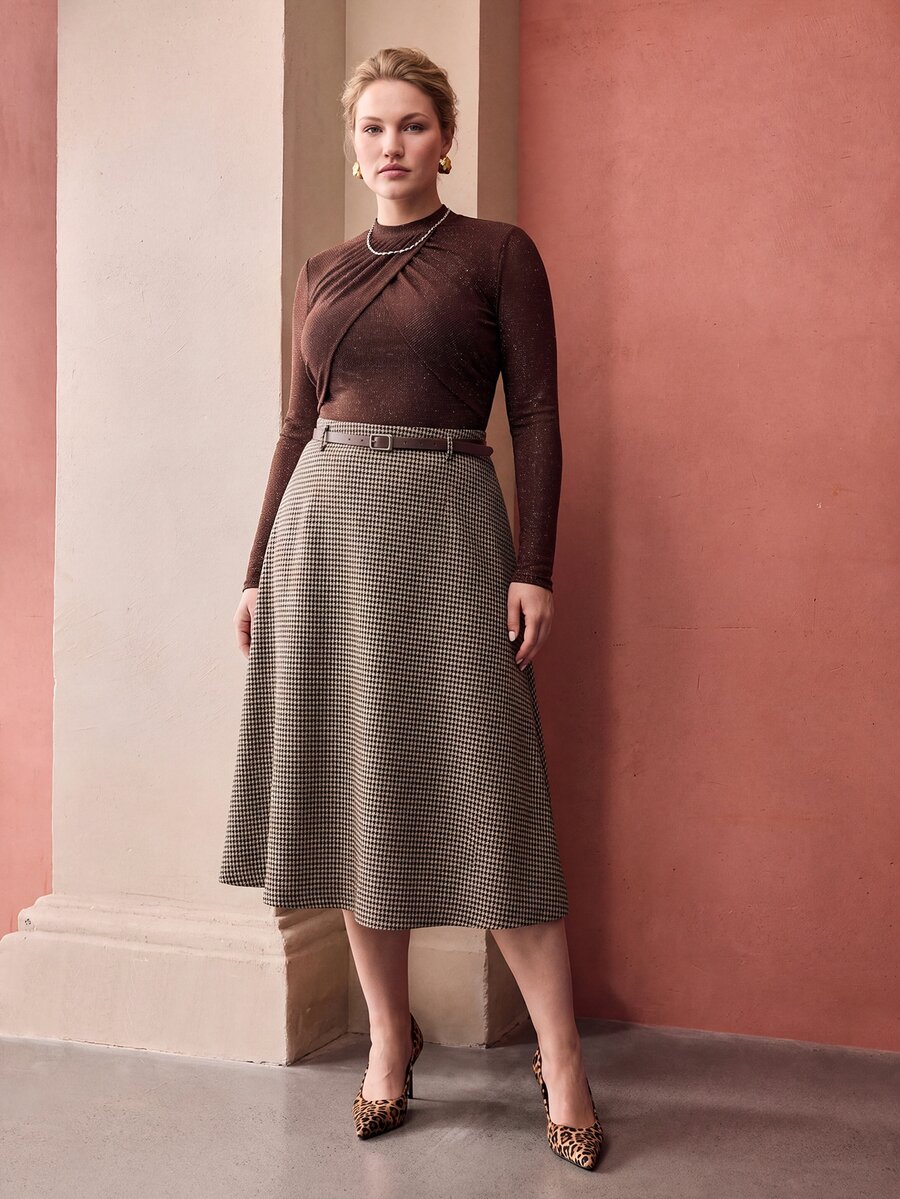 MOTF PREMIUM ROK WOL MOTIF HOUNDSTOOTH UKURAN BESAR UNTUK WANITA DENGAN SABUK - Coklat - View 1