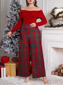 SHEIN Clasi Plus Size Autumn/Winter Christmas Off-Shoulder Patchwork Plaid Burgundy Party Banquet Jumpsuit - Burgundy - View 6
