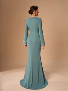Serin Pearls Beaded Cut Out Front Trumpet Sleeve Mermaid Hem Mother Of The Bride Dress - Green - View 3