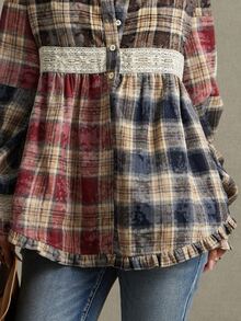 WESTFADE Patchwork Multicolor Plaid Flannel Blouses & Shirts, Fall, Autumn, Winter, Cowgirl, Western, Country Concert, Boho, Cute, Festival, Thanksgiving - Multicolor - View 2