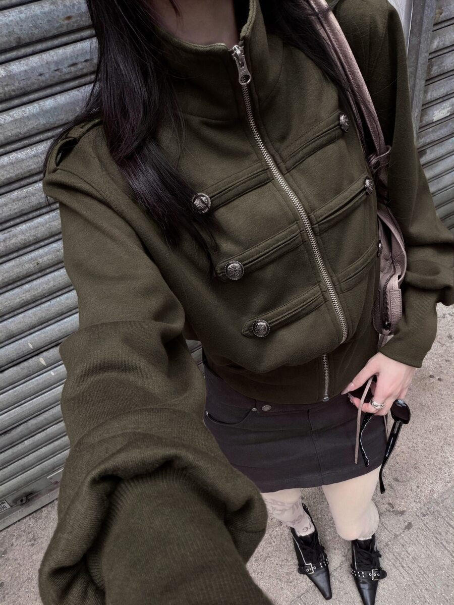 Siren Gaze 秋冬新款拿破崙風立領收腰女款運動衫,適合日間外出,深色復古70年代風 - 軍綠色 - 查看 1