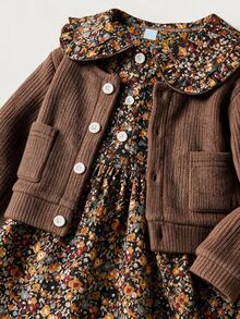 SHEIN 2pcs Toddler Girls Cardigan Dress Set Sweet Elegant Brown Black Floral Knit Ribbed Long Sleeve Peter Pan Collar Ruffle Button Front Princess Party - Brown - View 8