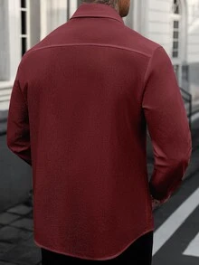 Manfinity CasualCool 男士輕商務風百搭白色棉質紋理長袖襯衫，成熟休閒通勤多功能辦公穿搭 - 紅色 - 查看 2