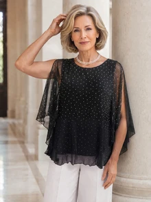 EMERY ROSE Elegant Rhinestone Embellished Split Sleeve Blouse For Middle-Aged And Elderly Women - Black - View 5