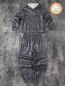 SHEIN 兒童青少年男孩休閒雪洗灰色連帽衛衣套裝，包含連帽衫與慢跑運動長褲，適合秋冬、上學、家庭聚會、度假、派對，秋季穿搭、冬季穿搭，男孩兒童套裝 - 彩色 - 查看 3