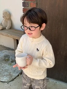 Hapijoa 嬰兒/幼兒（男童）圓領麻花編織卡通刺繡長袖純色毛衣 - 白色 - 查看 8