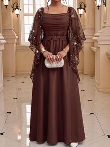 Fleurora Plus Contrast Sequin Ruched Mesh Overlay Dress - Coffee Brown - View 1