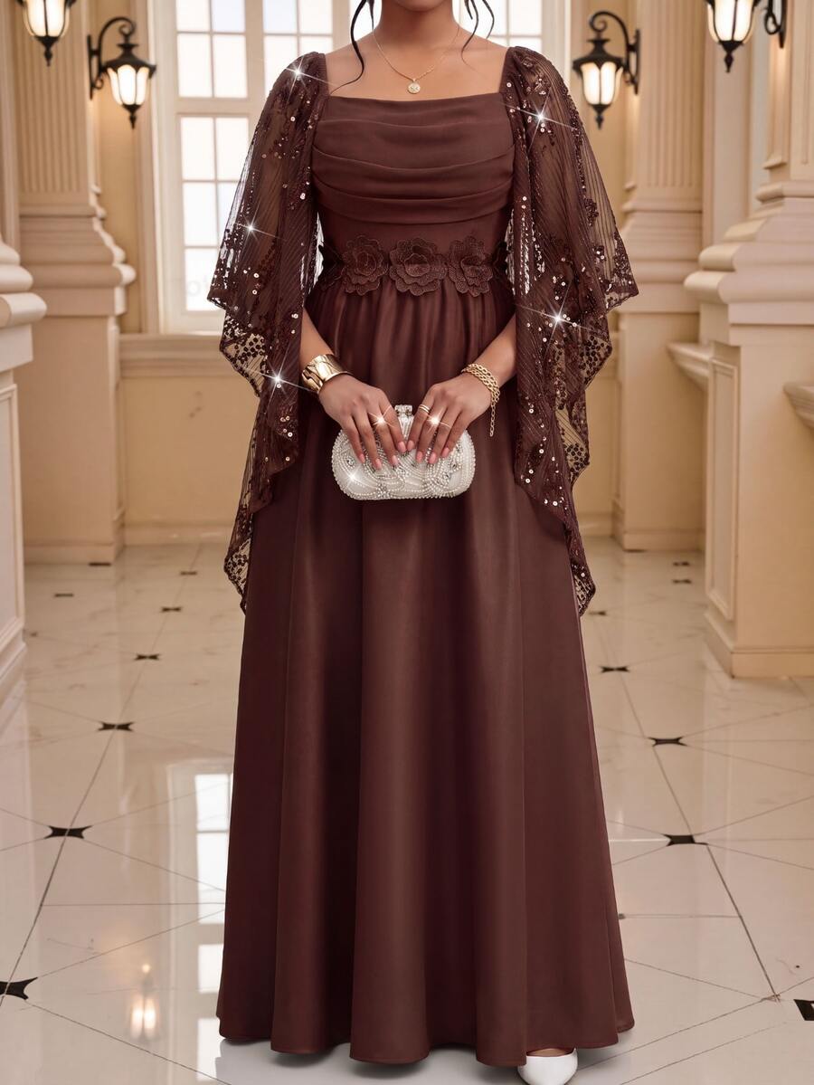 Fleurora Plus Contrast Sequin Ruched Mesh Overlay Dress - Coffee Brown - View 1