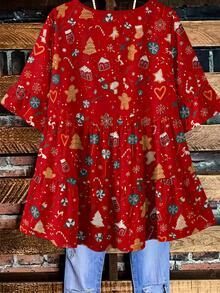 EMERY ROSE Plus Size Women's Halloween Pumpkin Ghost Bat Print Ruffle Trim Sleeve Tiered Peplum Blouse,Fall Holiday Party Chic Tops Shirt - Multicolor - View 2