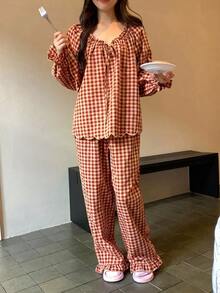 DAZY 女款格紋長袖上衣與長褲休閒居家睡衣套裝 秋季 - 紅色 - 查看 5