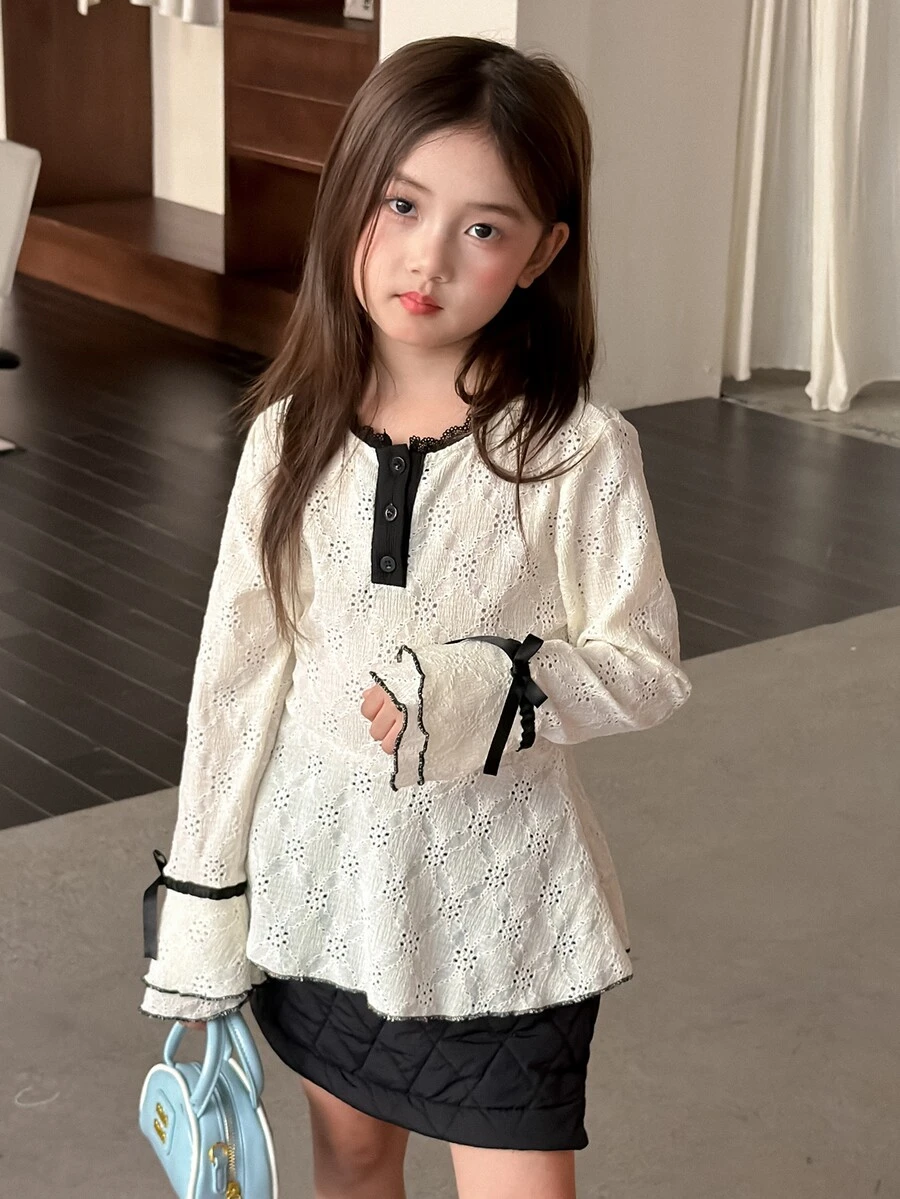 Dazy Kids Tween Girl) Round Neck Color Block Lace Trim Bell Sleeve Long Sleeve Autumn T-Shirt - Beige - View 1