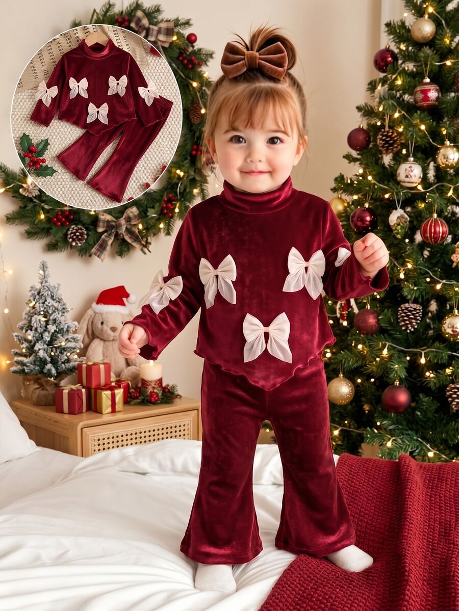 SHEIN Infant Girl Knit Stand Collar Long Sleeve Batwing Sleeve Bow Decor Top And Pants Set, Sweet Cute Elegant Outfit - Red - View 1